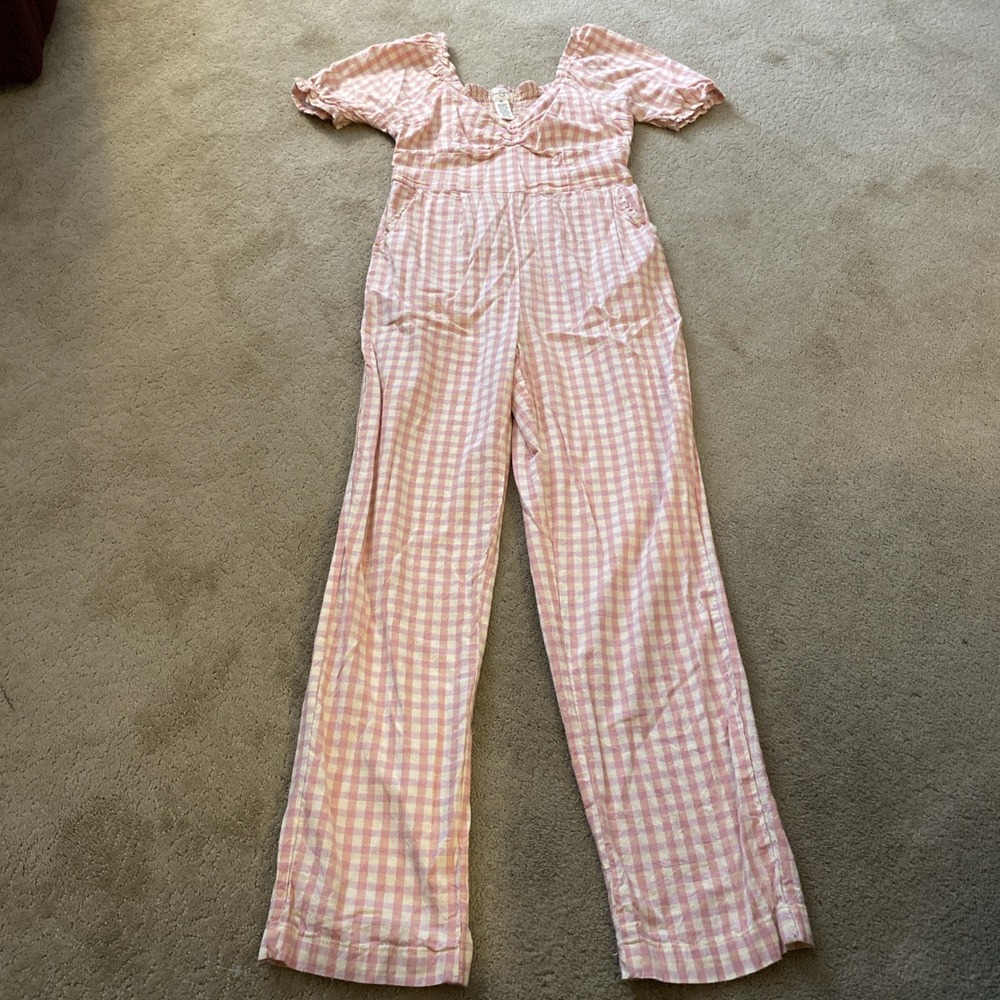 JESSICA SIMPSON PINK GINGHAM SMOCKED‎ BODICE JUMPSUIT W/POCKETS SIZE M - Picture 9 of 11